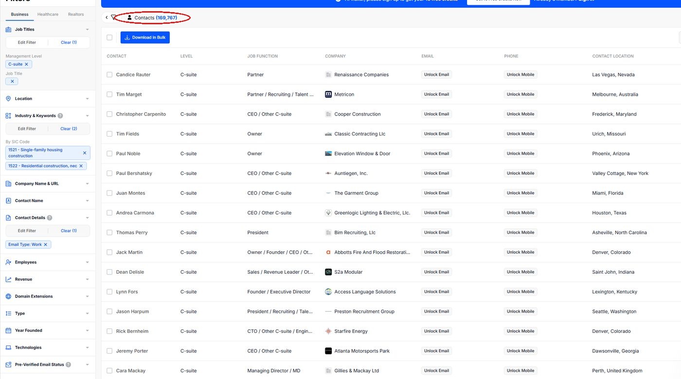 BookYourData's own screen: 169,767 contacts on SIC 1521 + 1522
